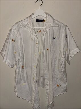 Ralph Lauren White Button-Down Shirt with Multicolor Floral Embroidery